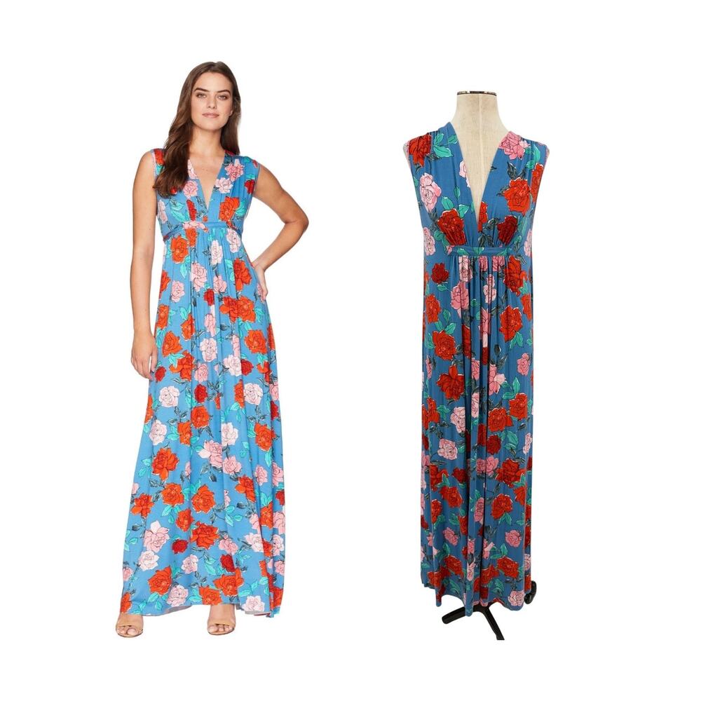 Rachel Pally Wildflower Long Sleeveless Caftan Floral Maxi Dress Blue Size Small